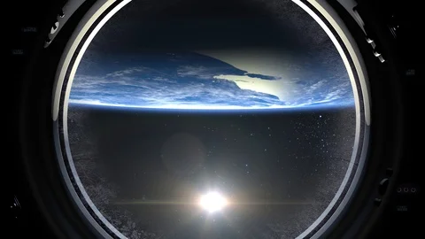 Earth as seen through big window of International space station. Flight Of The Video stock 113148901