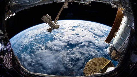 Earth as seen through window of International Space Station ISS . Elements of Stock Footage