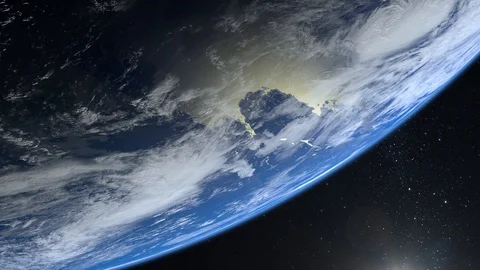 Earth from space. The camera flies away from the planet. Stars twinkle. The Stock Footage 106722772