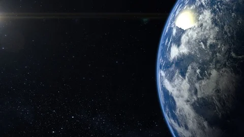 Earth from space. The camera flies forward and slow turns right. Stars twinkle Stock-Footage 104361745