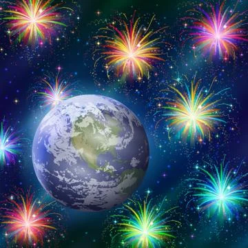 Earth in space with fireworks Stock-Illustration