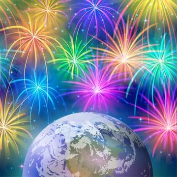 Earth in space with fireworks Stock Illustration