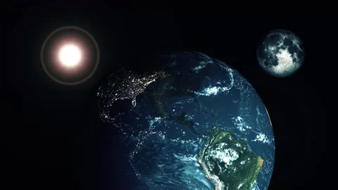 Earth in space with glowing city lights, moon, and bright sun flare on a da.. Stock Footage 337080298