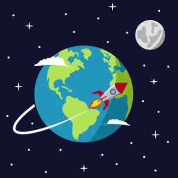Earth in space, rocket space ship flying around planet. Vector. Stock Illustration