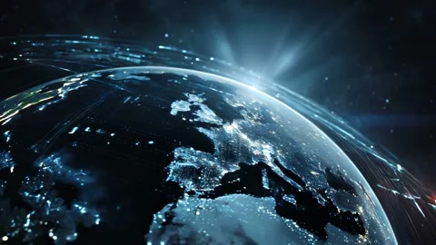 Earth in space surrounded by orbiting digital light beams Stock Footage 315291950
