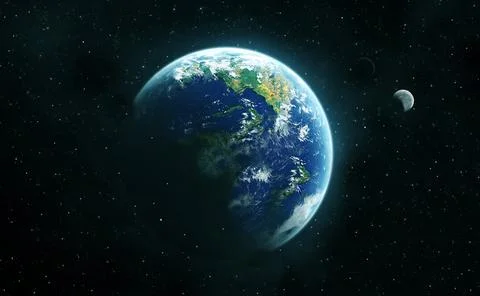 The earth from space with visible continents and a distant moon Stock Illustration