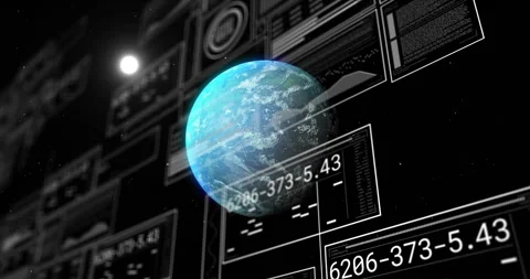 Earth sphere appearing triggers its rotating and HUD panels animating codes for Stock Footage 310140453