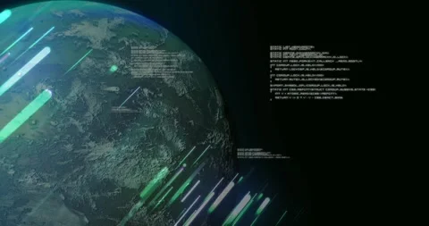 Earth sphere entering void, neon streaks sliding over 3D globe, code forming to Stock Footage 317858435