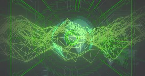 Earth sphere rotating in virtual data interface, with wireframe mesh waves and Stock Photos