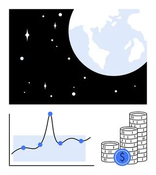 Earth stars graph with plot points and stacked coins. Ideal for finance, econ Ilustración de archivo