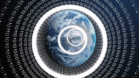 Earth surrounded by binary code and concentric circles, data processing 库存影片 304101610