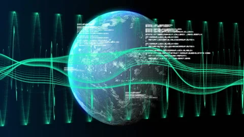 Earth surrounded by digital data waves and binary coding animation Stock Footage 303414957