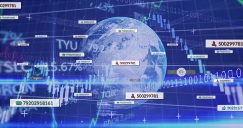 Earth surrounded by financial data and binary code in digital animation Video stock 303419940