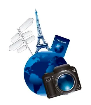 Earth with tower eiffel with camera and signs. vector illustration Stock Illustration