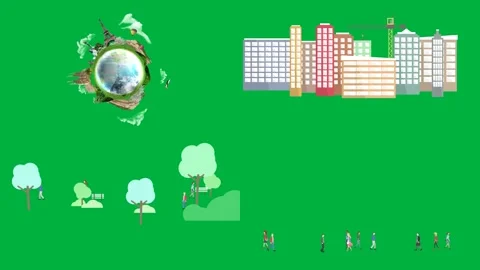 Earth tree clouds city on green screen Chroma key cartoon 4k Elements Stock Footage 309641129