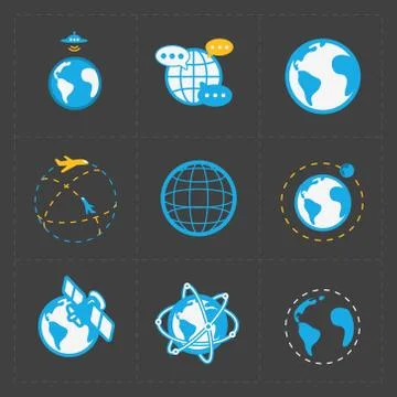 Earth vector icons set on dark background. Stock Illustration