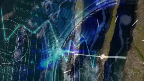 Earth view appearing, clock sweeping, HUD overlays fluctuating and pulsing, Stock Footage 327124922