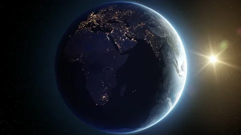 Earth View From Space Full Rotation 360 degrees with the Sun Light, Cities at Stock Footage 220551933