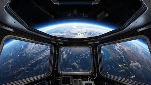 Earth View from Spacecraft Cockpit Window - Stock Photo Stock Photos