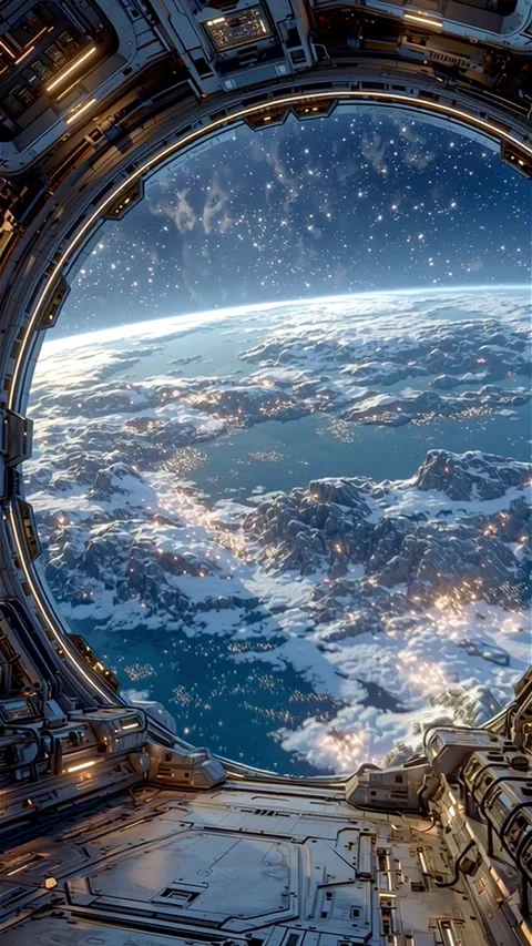 Earth View from a Spaceship Window in Deep Space Stock Footage 312780733