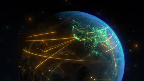 Earth viewed from space with glowing animations of data transfer lines  Video stock 281599337
