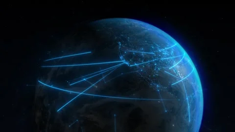 Earth viewed from space, glowing blue with intricate animated lines  Stock Footage 281599429