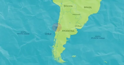 Earth waves concentric lines into a Chilean map of an earthquake epicenter Stock Footage 337427860