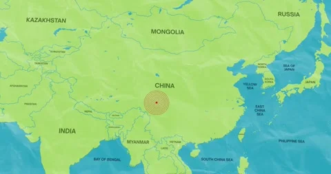 An earth waves concentric lines into a china map of an earthquake epicenter Stock Footage 337427870