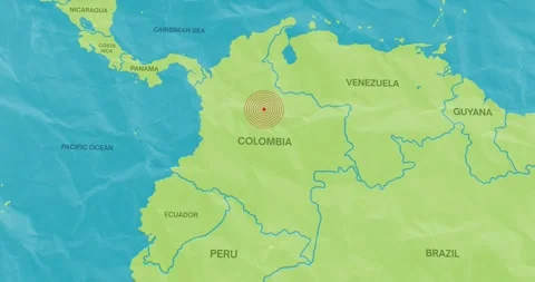 Earth waves concentric lines into a Colombian map of an earthquake epicenter Stock Footage 337428048