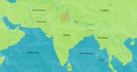 An earth waves concentric lines into an india map of an earthquake epicenter Stockbeeldmateriaal 337429014