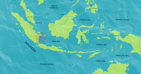 An earth waves concentric lines into an indonesia map of an earthquake epicenter Video stock 337429030