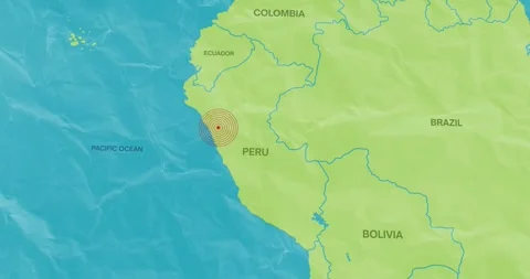 Earth waves concentric lines into a Peru map of an earthquake epicenter Stockbeeldmateriaal 337431182