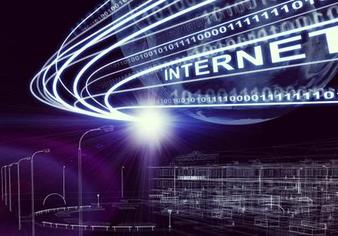 Earth, wire-frame building, light beams, digits and word internet on dark backgr 스톡 일러스트