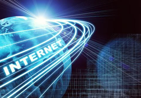 Earth, wire-frame building, light beams, digits and word internet on dark backgr Ilustración de archivo