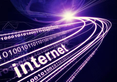 Earth, wire-frame building, light beams, digits and word internet, on dark backg Ilustración de archivo