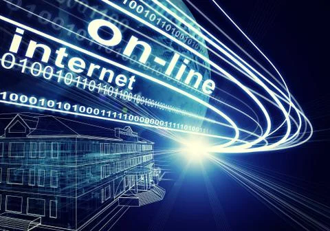 Earth, Wire-frame building, light beams, digits and words on-line, internet on d イラスト素材