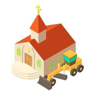 Earth work icon isometric vector. New motor grader near catholic church building Ilustración de archivo