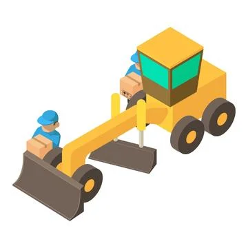 Earth work icon isometric vector. Two man worker with box near motor grader icon Stock Illustration