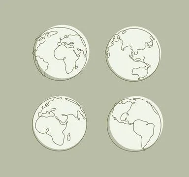 Earth world map one continuous line drawing in simple linear style khaki. Stock Illustration