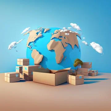 The Earth world map surrounded by cardboard boxes, paper box with gps location Stock Illustration