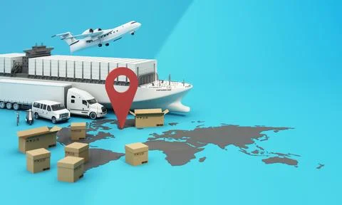 The Earth world map surrounded by cardboard boxes, a cargo container ship, a  Ilustración de archivo