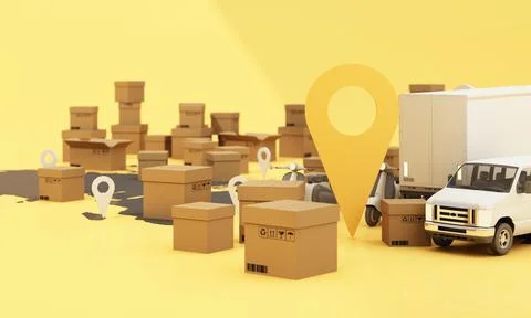 The Earth world map surrounded by cardboard boxes, a cargo container ship, a  Ilustración de archivo