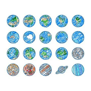 Earth world planet globe map icons hand drawn Illustrazione stock