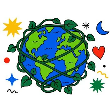 Earth Wrapped in Vines with Celestial and Geometric Elements Stock Illustration