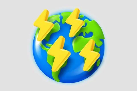 The Earth with yellow thunderbolts. 3d vector illustration Stock Illustration