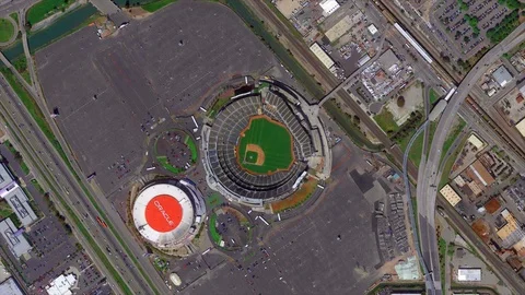 Earth Zoom from Oakland Athletics Stadium - Oakland Alameda County Coliseum Stock Footage