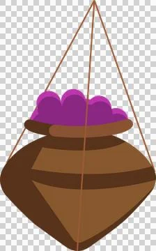 Earthenware pot is hanging by ropes in flat design, full of purple berries, Stock Illustration