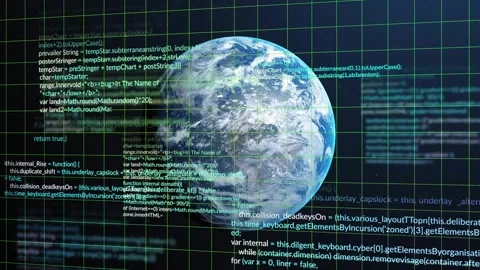 Earthlike planet rotating in grid, code blocks sliding after scan line sweep, Stock Footage 332281181
