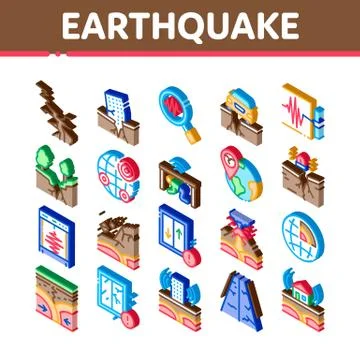 Earthquake Disaster Isometric Icons Set Vector 스톡 일러스트