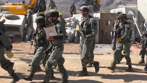 Earthquake just occurred. Homeland Security Soldiers deployed for rescuing Stock Footage
